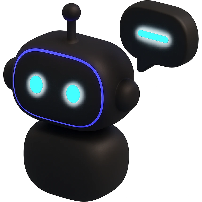 chatbot with speech bubble, 3D black style, mostly #2C2828 with highlights in #3B2C85 and #83fff8 emoji