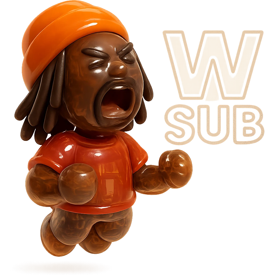 Brownskin man with long brown dreadlocks 
red  t-shirt 
orange turban 
expression is yelling 
Add the word W SUB emoji