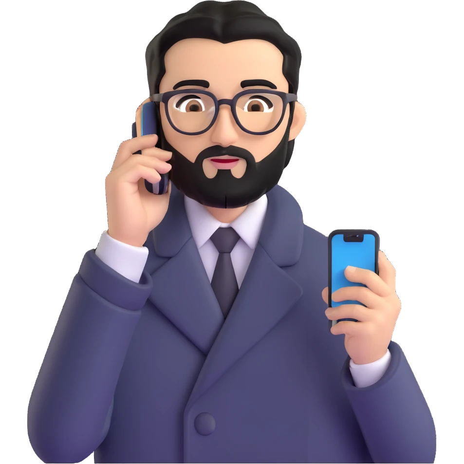 professional man with medium black beard, black hair combed to one side, connected unibrow, olive tan skin, brown eyes, glasses, prominent nose, wearing black coat, holding smartphone to ear in calling position, with subtle office background emoji