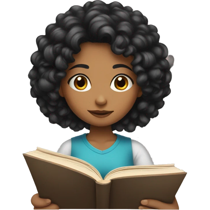 Girl with black curly hair reading a book emoji