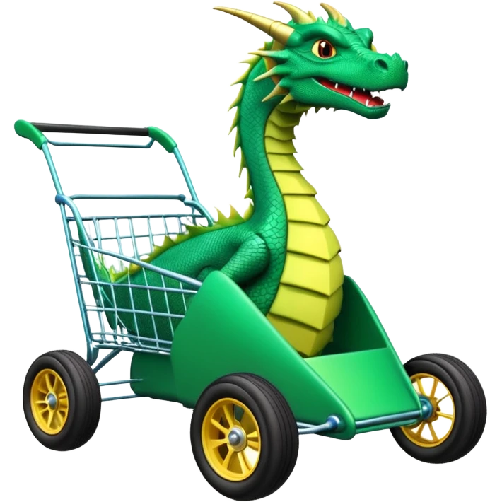 Special race car whose frame and suspension is made of shopping cart material with a large rear spoiler is being professionally steered driven by a small thin dragon  emoji