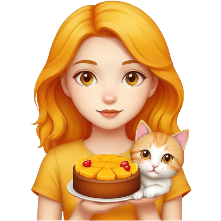Beautiful girl holding a mango cake and a kitten emoji