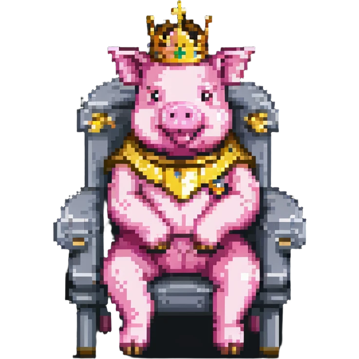 pixel art pig with a golden crown sitting on a throne, blocky and square like Minecraft, inspired by Technoblade emoji