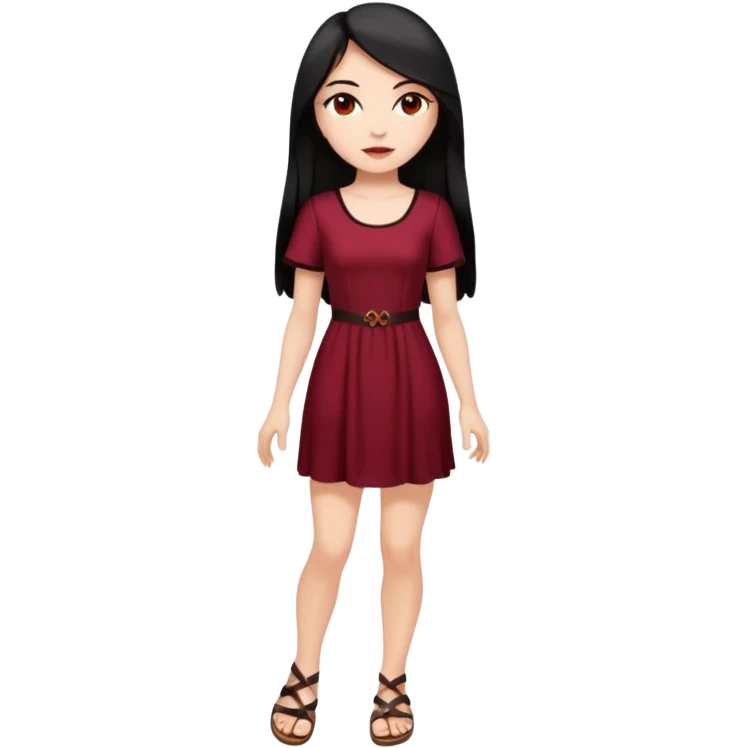 Chica blanca ,ojos marrones, vestido granate largo sexy manga corta,  cuerpo entero pelo negro y largo sandalias emoji