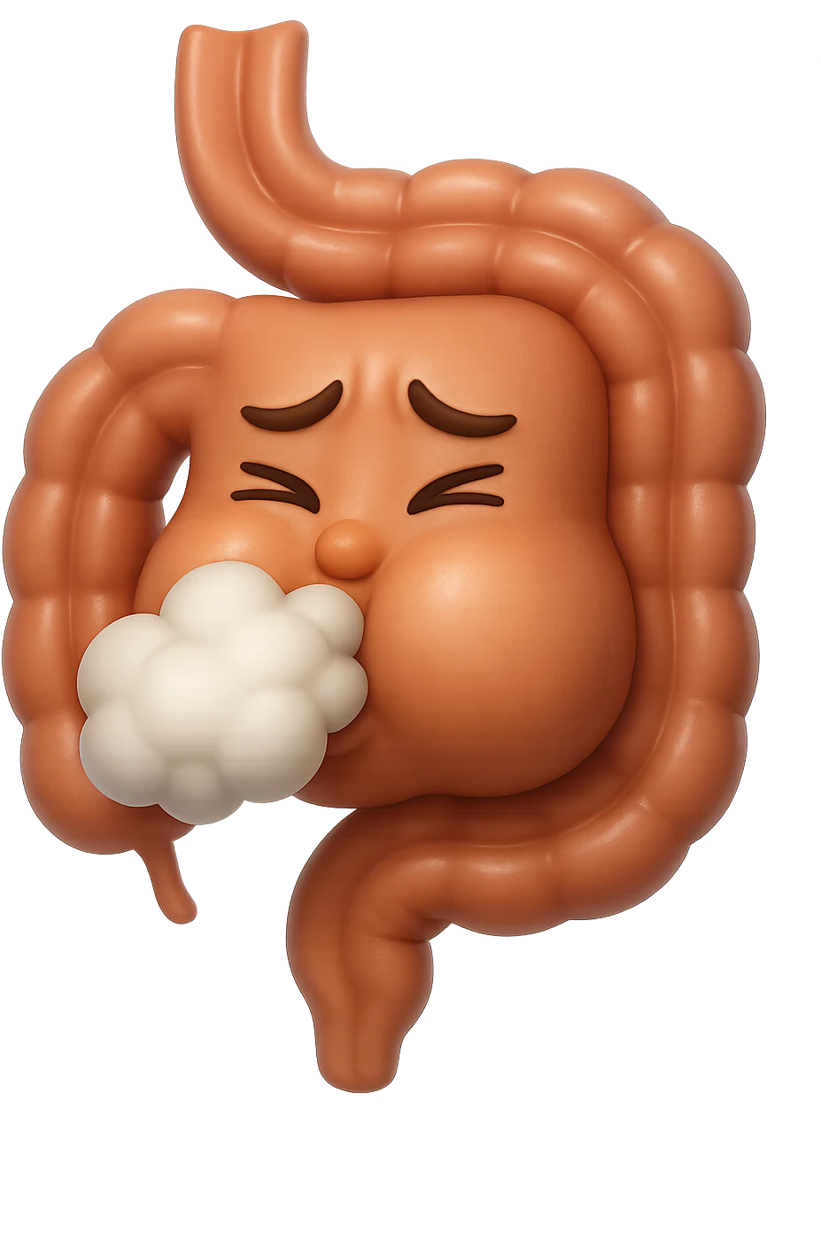 emoji stile iphone di un intestino che ingoia una nuvoletta di aria ben visibile e gli si gonfia la pancia, non fargli il naso, iperrealistico 4k emoji