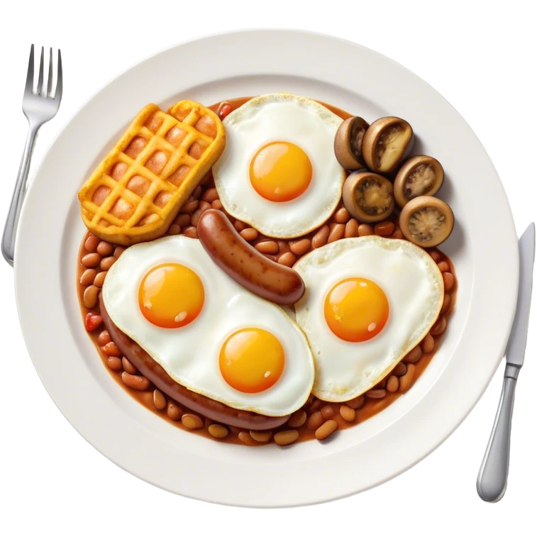 English Breakfast Cinematic Realistic English Breakfast Dish Emoji, depicted as a hearty plate featuring 2 sizzling sausages, a central serving of baked beans, 2 perfectly fried eggs, 2 sliced grilled tomatoes, 2 grilled mushrooms, and a triangle-shaped hash brown, rendered with vivid textures and warm, inviting lighting. emoji