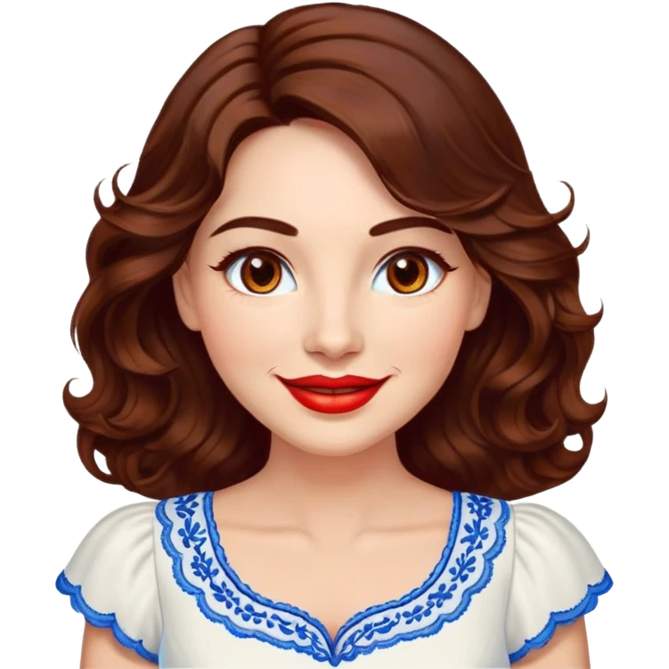 Professional woman at 40 with bright complexion, round face, big lively light brown eyes, wide friendly smile, vibrant red lips, voluminous wavy dark brown hair to shoulders, white summery dress with blue embroidery and electric blue neckline emoji
