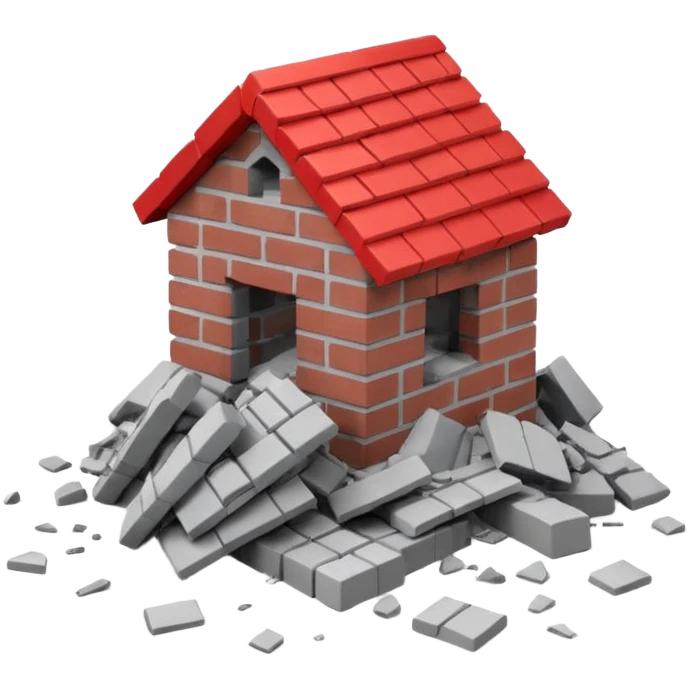 3D iPhone style emoji of a pile of bricks, roof pieces, and wall rubble, scattered and broken, isolated on white background, soft shadows, high detail, playful and cute emoji