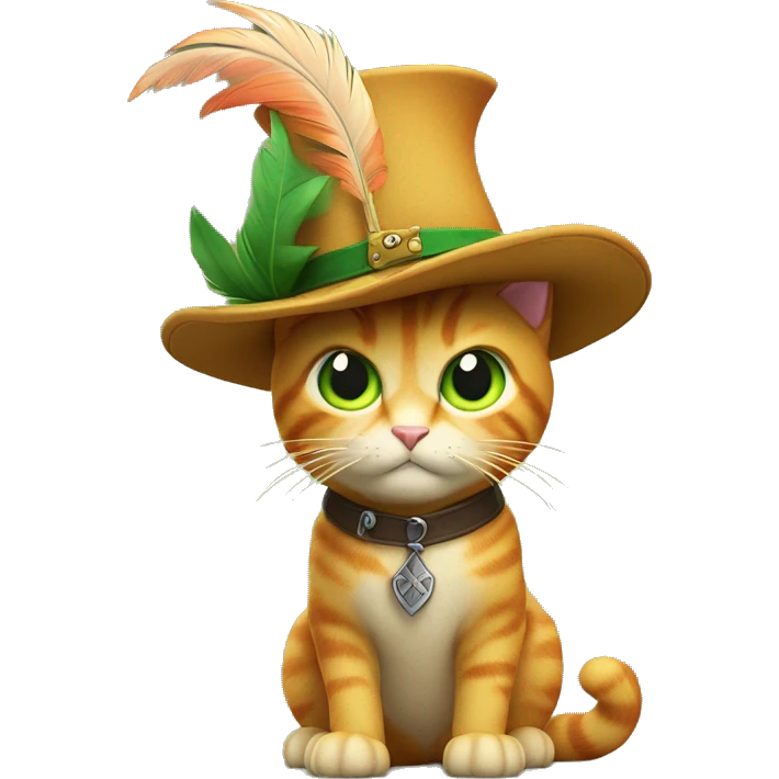 A 3D emoji of Puss in Boots, featuring a small, orange cat with big green eyes, wearing a feathered hat, boots, and a sword. He has a confident, playful expression emoji