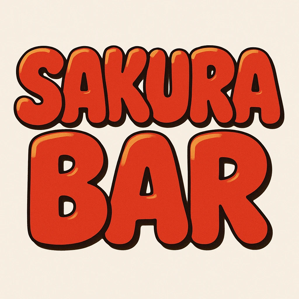 bubble letters that say 'Sakura Bar', outlined in orange and filled with red, cartoonish and bouncy style emoji