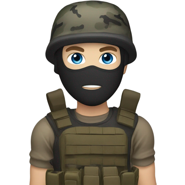 White male, call of duty black mask, camo tactical gear, tan combat boots, black beanie, blue eyes emoji