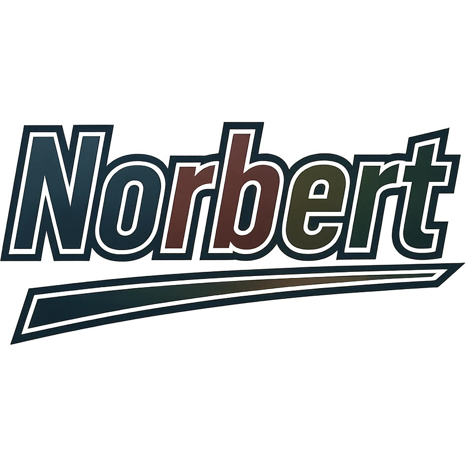Norbert name in masculine, modern, gradient font with precise Hungarian characters, dark outline, extra thick, prominent white border as in reference images, dynamic slanted underline, masculine color shades (blue, gray, burgundy, green, brown), 1000x1000 px, PNG, transparent background emoji