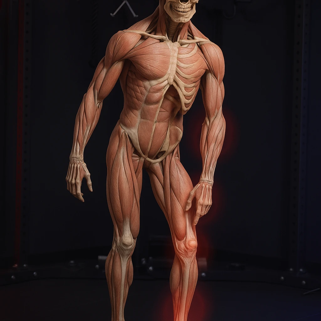 Hyperrealistic anatomical view of the same pose: tilted pelvis, valgus knee, pronated foot, with detailed visible bones and muscles, gym environment, 4K quality. Variant 5: highlight the involved joints with a red halo. emoji