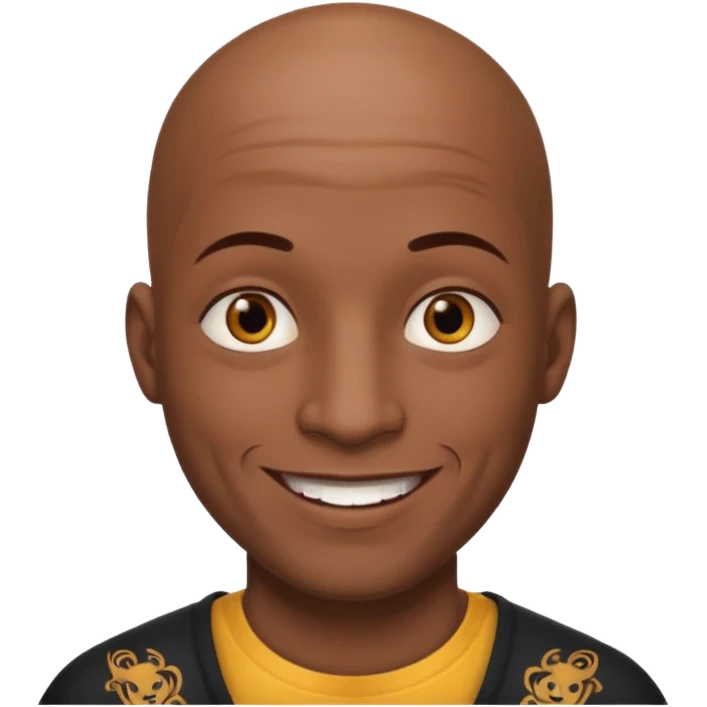 This is a cartoon-style avatar of a bald man with dark skin, golden-brown eyes, and facial tattoos, smiling with a friendly expression. emoji