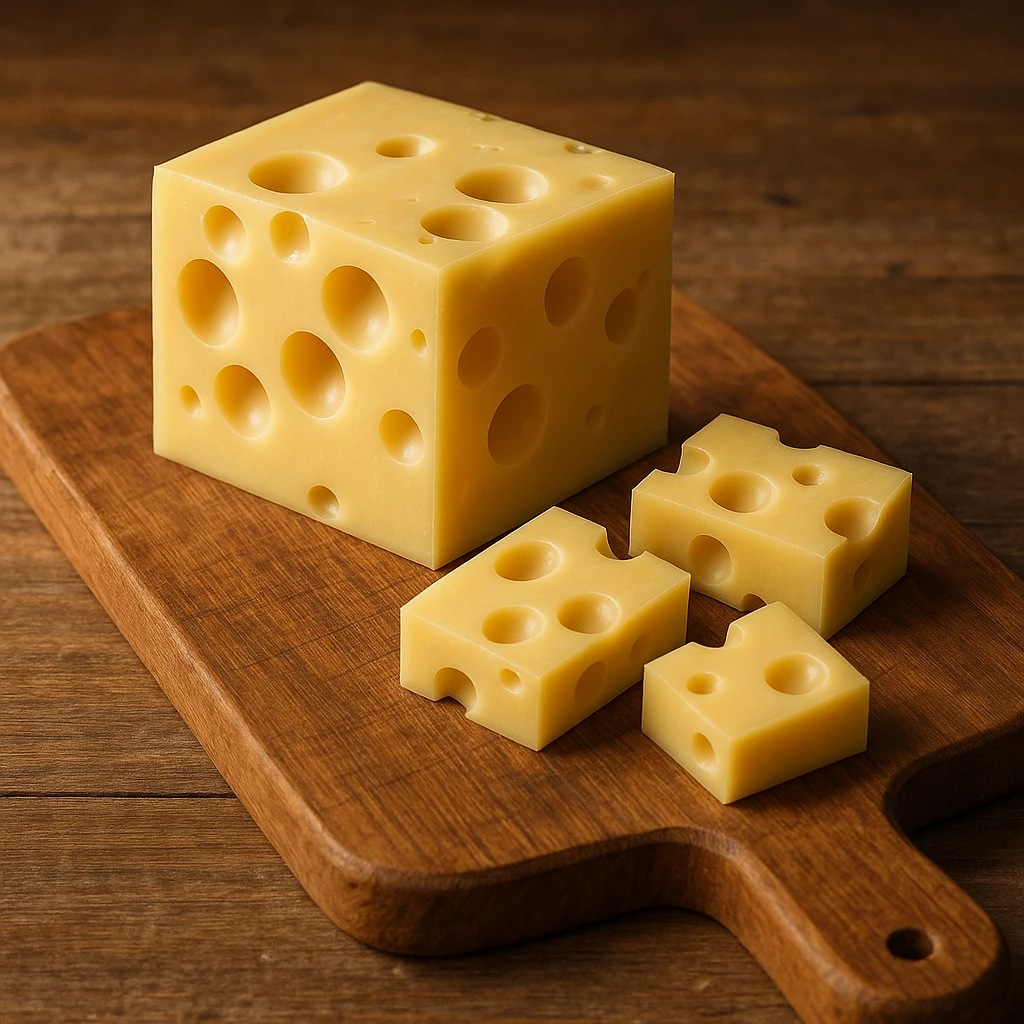 realistic Italian Emmental cheese pieces on a wooden cutting board emoji