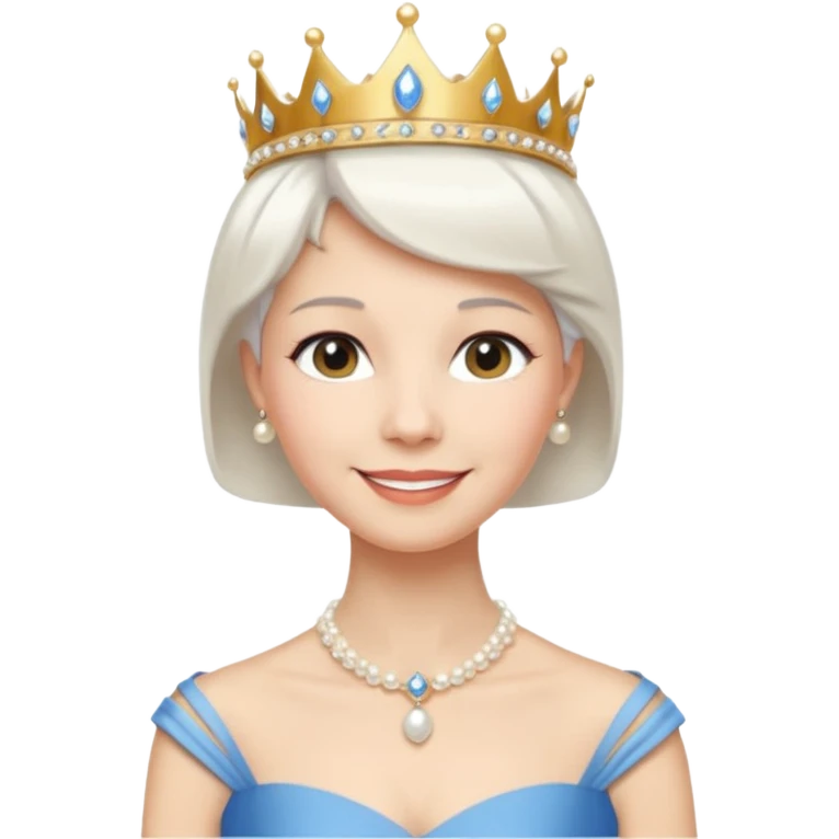 Queen with white short hair – gold tiara, pearl necklace, elegant gown, blue dress emoji