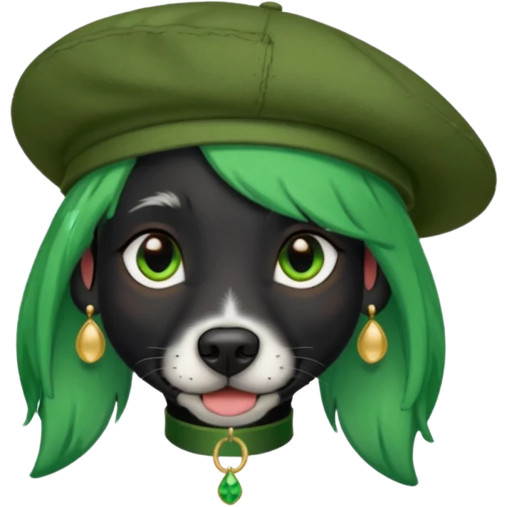 green haired fully black dog with earring and hat emoji
