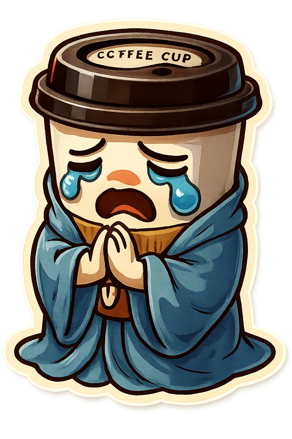 Tall coffee cup, big tears, sobbing, dramatic emoji