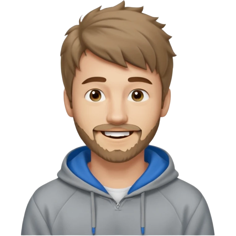 25 year old man, short scruffy beard and thin moustache, brown puffy mullet, blue eyes, big smile, white teeth, big lips, pronounced jaw, hair longer in back, sticking up on top, thin face, grey hooded sweatshirt emoji