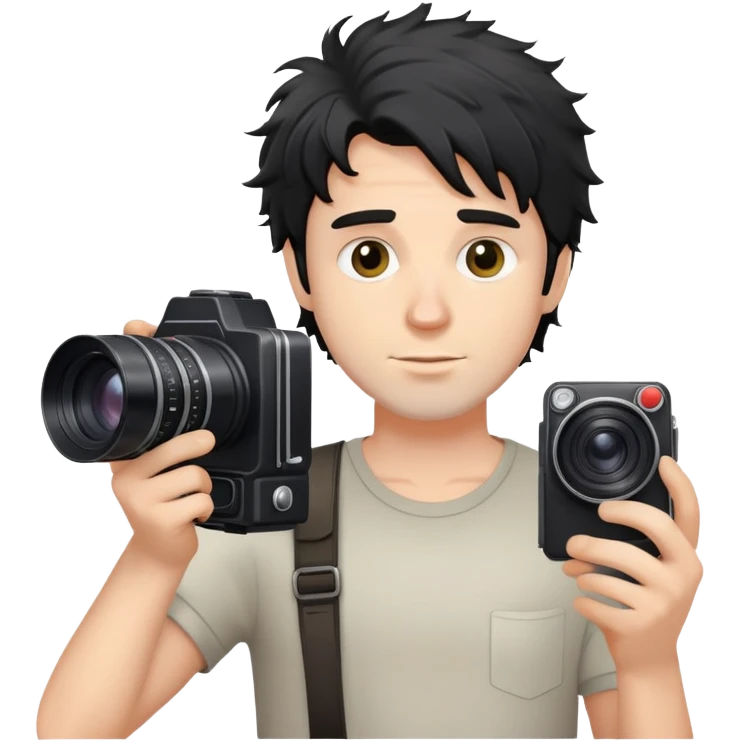 a white man with black messy hair holding a foto camera emoji