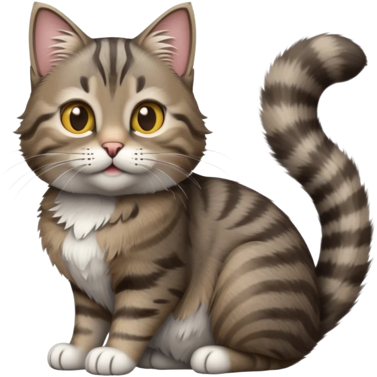 cinematic-[grey brown tabby cat]-realistic-emoji,-tail-curled-playfully-around-its-paws,-head-tilted-dramatically,-scruffy-[grey]-fur,-simplified-yet-realistic-focused-features,-highly-detailed,-glowing-with-an-almost-sarcastic-glow emoji