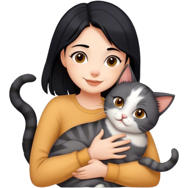 happy girl with black hair hugging three cats  (carey cat, gray cat, brown calico cat) emoji