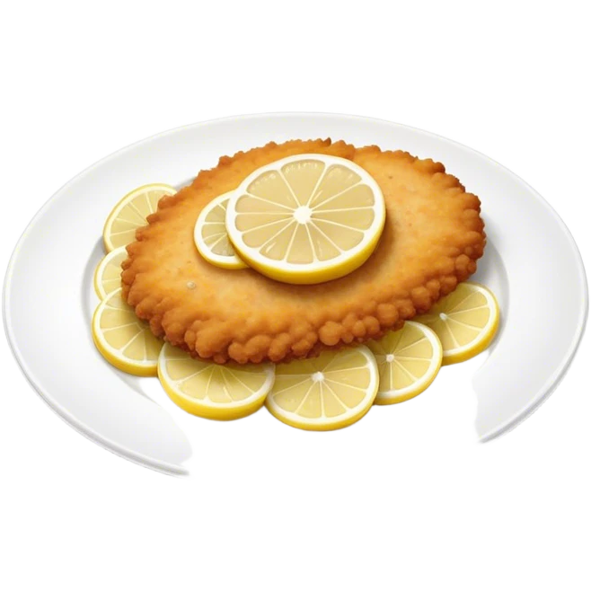 Cinematic Realistic Veal Schnitzel Dish Emoji, depicted as a golden, breaded veal cutlet served with lemon rendered with crisp textures and inviting, natural lighting. emoji