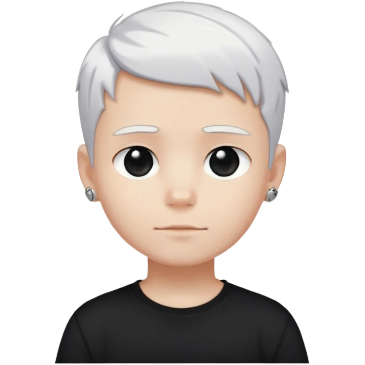 just a boy with TOTALLY WHITE SHORT HAIR (pure white like paper or snow, not gray, not blonde), wearing dark t-shirt, silver ring with black stone emoji