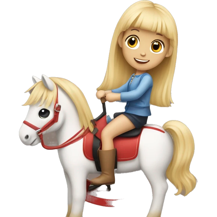 a little blonde girl with bangs and two ponytails rides a rocking horse emoji