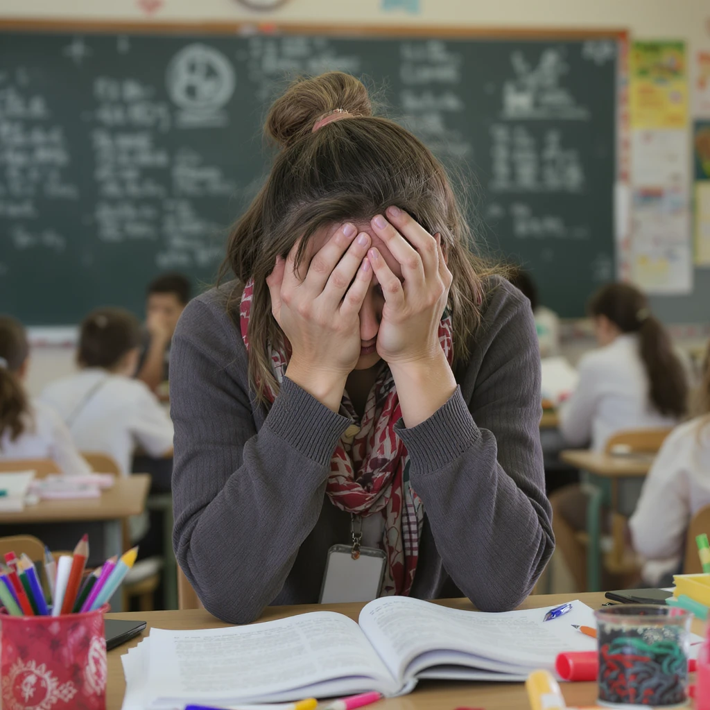 exhausted teacher in a bustling classroom emoji