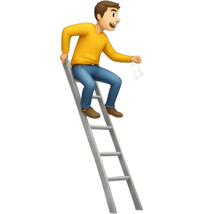 Young man climbing a ladder with money falling out of his pockets emoji