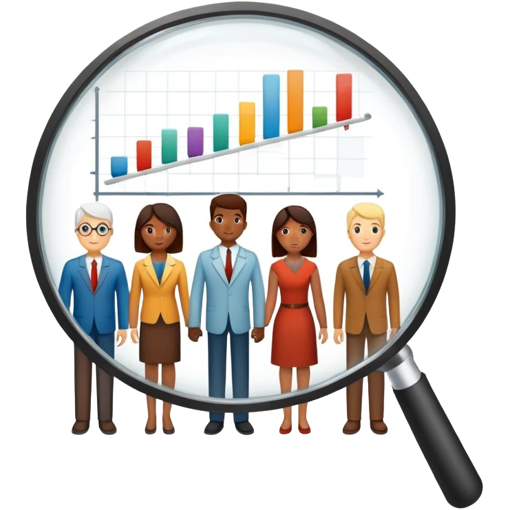 An icon featuring a group of diverse people, interconnected by lines, symbolizing sociology. The design includes a magnifying glass and a bar chart, representing the study of societies and social structures. Transparent background highlights the analysis of human behavior and social dynamics. emoji