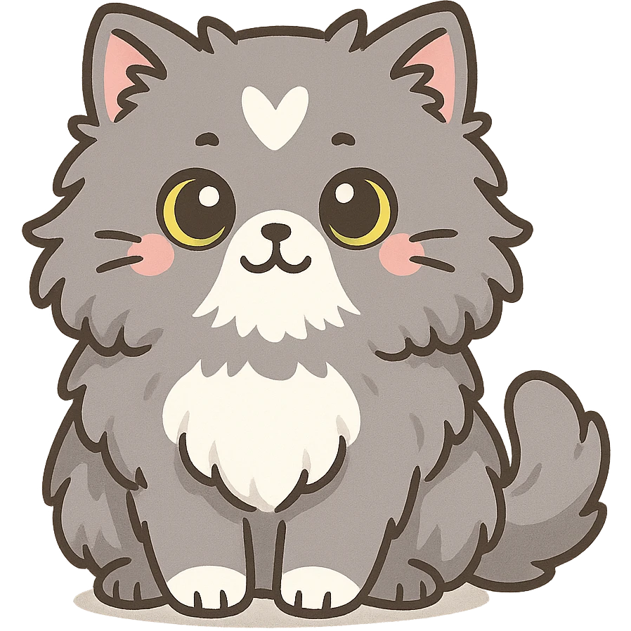 kawaii Persian cat with long gray fur, white spot on forehead, white chest, yellow-green eyes, kawaii style emoji