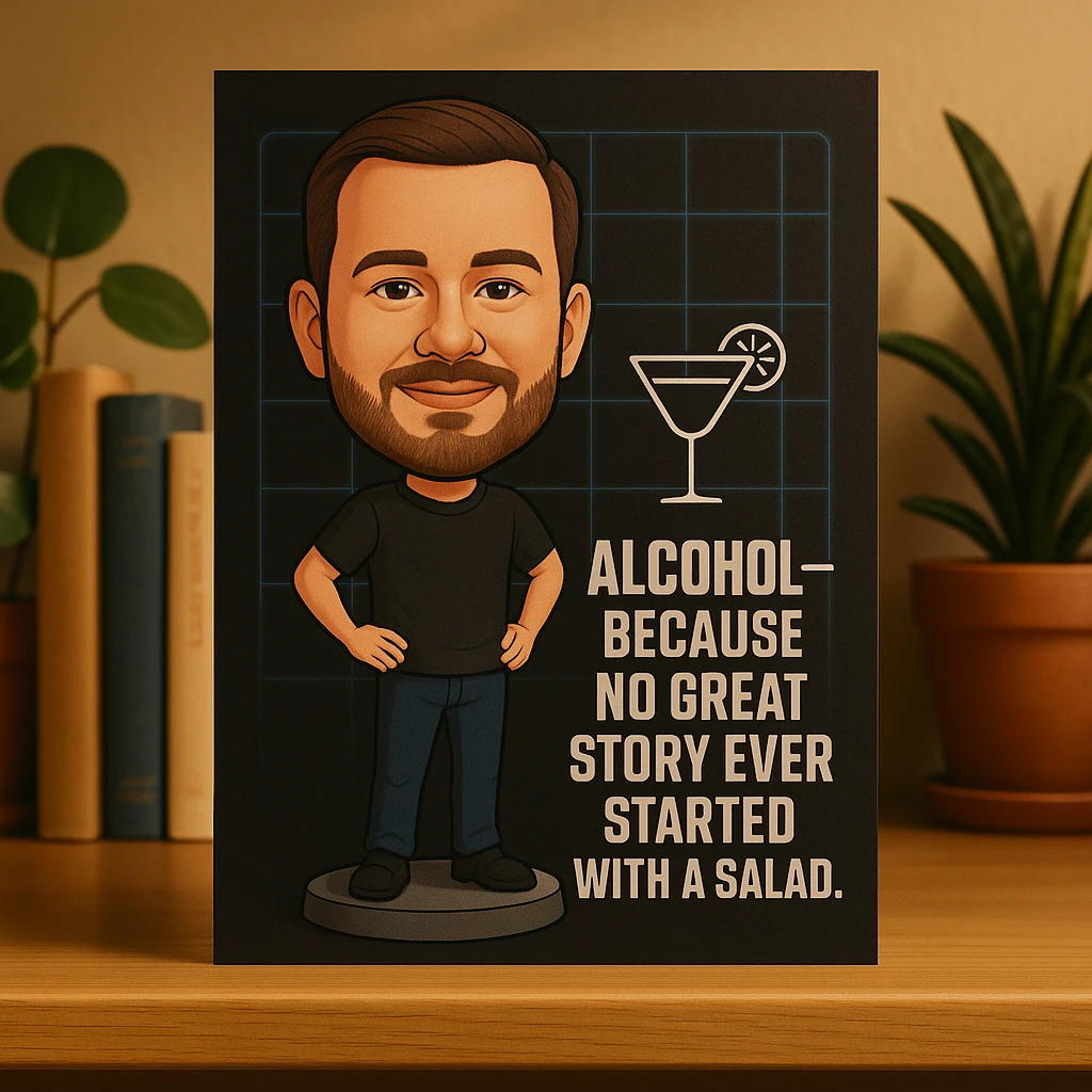 birthday card featuring Dylan as a bobblehead character, minimal neon grid background, one drink icon, bold chrome text with the quote 'Alcohol—because no great story ever started with a salad.', clean limited color palette emoji