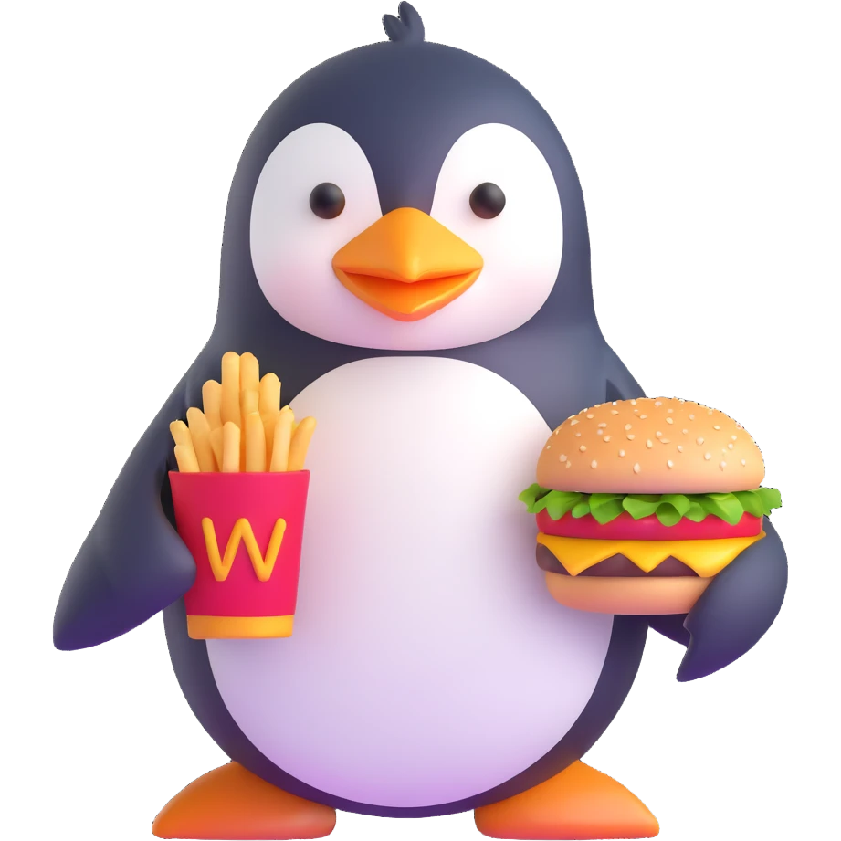 penguin enjoying a hamburger emoji