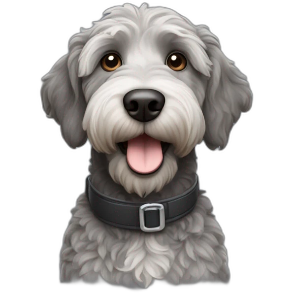 black and grey labradoodle dog's face with short ears and a long nose and a pilot cap on emoji