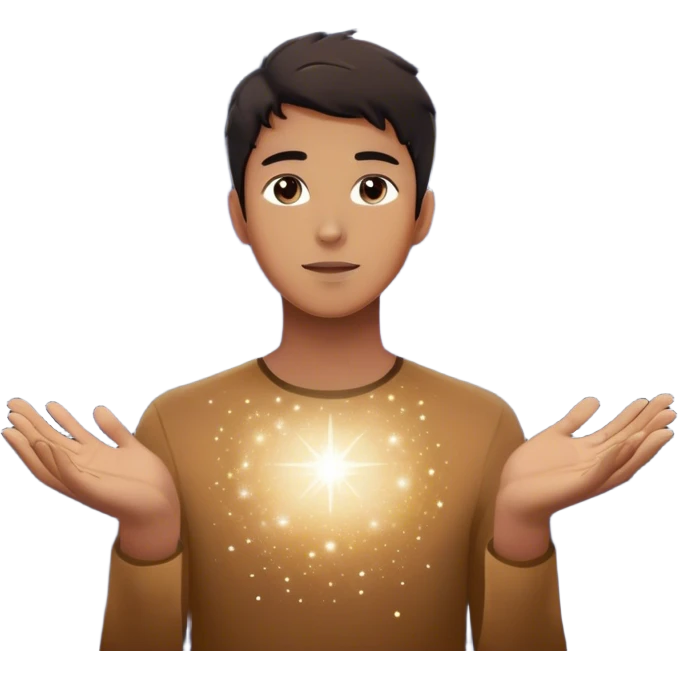 A young man in a vast, dark starry universe, surrounded by floating particles of light space. Each particle represents his personal universe. He reaches out, touching one, knowing that everything he does stays in this space forever. universe around him emoji