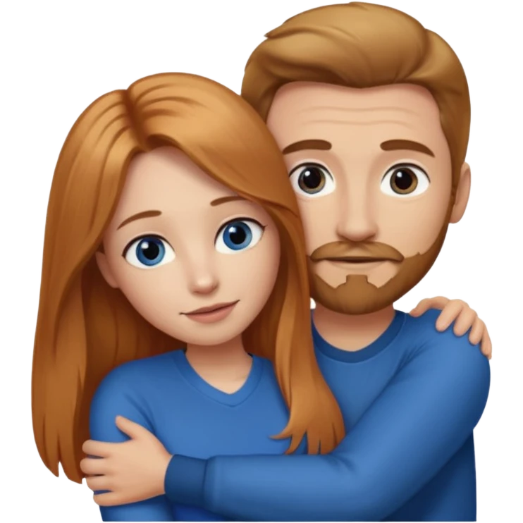 girlfriend with long dark strawberry blonde hair middle part with brown eyes giving hug to man with blue eyes, dark blonde hair and facial hair emoji