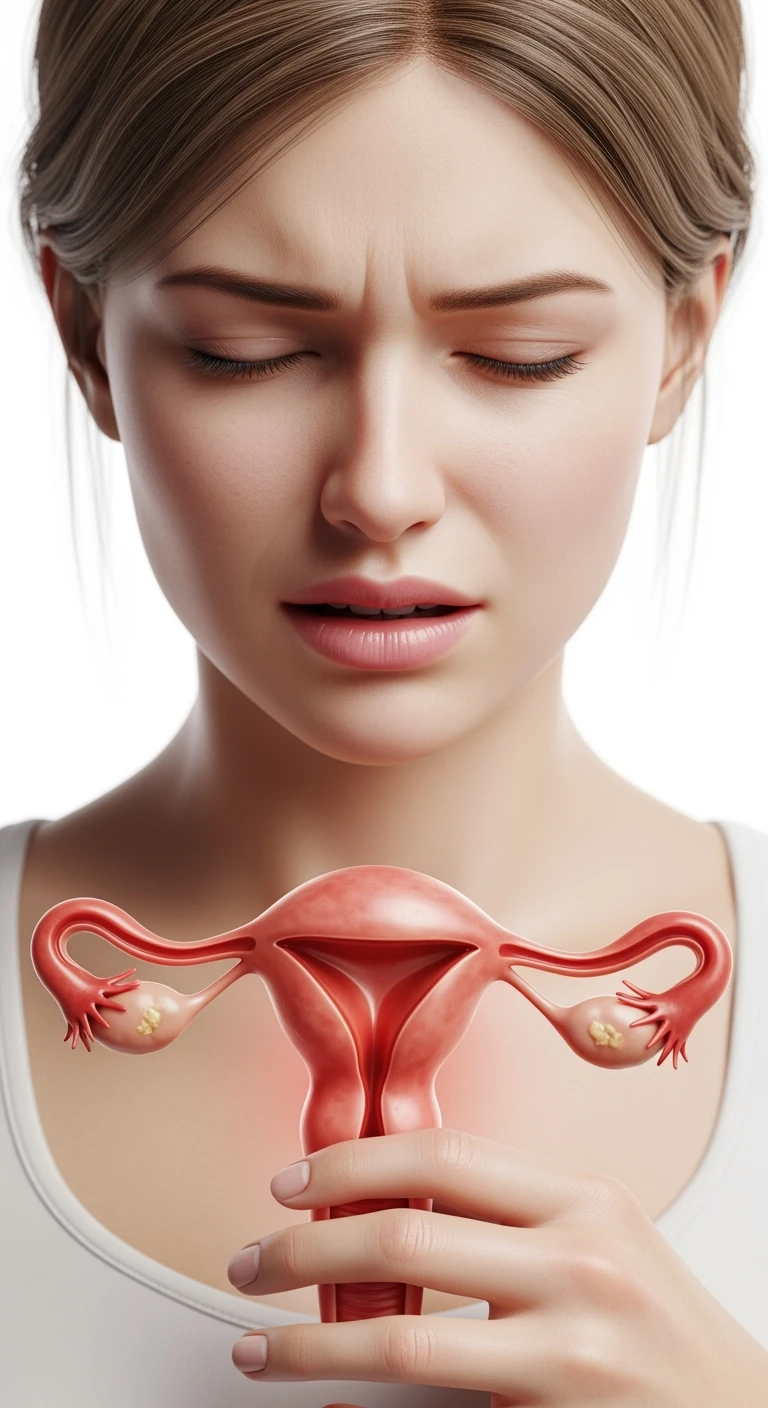 donna con utero umano realistico in evidenza dolorante, espressione di dolore in volto, sfondo bianco, non farla computerizzata, ma iperrealistica 4k emoji