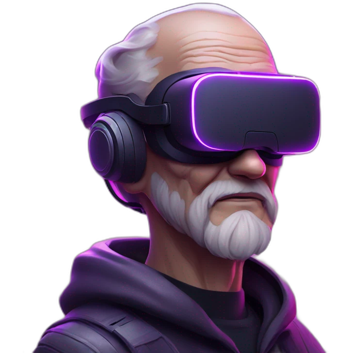 Russian old man wearing a black hoodie with "OMG" letters on it and VR headset in a cyberpunk VR environment with violet neon lighting. emoji
