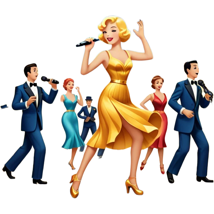 Vintage movie poster-style icon for a musical film. The cityscape glows in the background, evoking the golden era of musicals. A vibrant street scene with bright lights, dancers mid-step, a singer with a microphone, and a jazz band playing. Transparent background. emoji