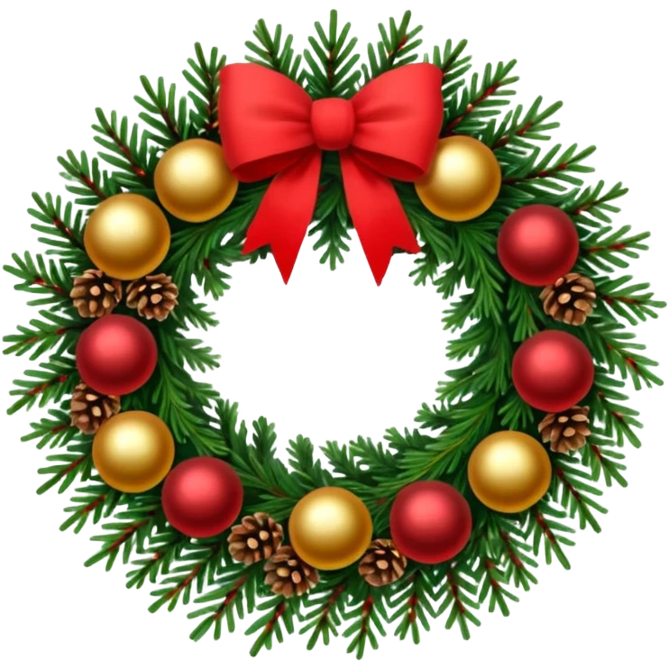 A Christmas wreath made entirely of fir trees, decorated with a single red bow at the bottom, pine cones, and Christmas tree balls. emoji