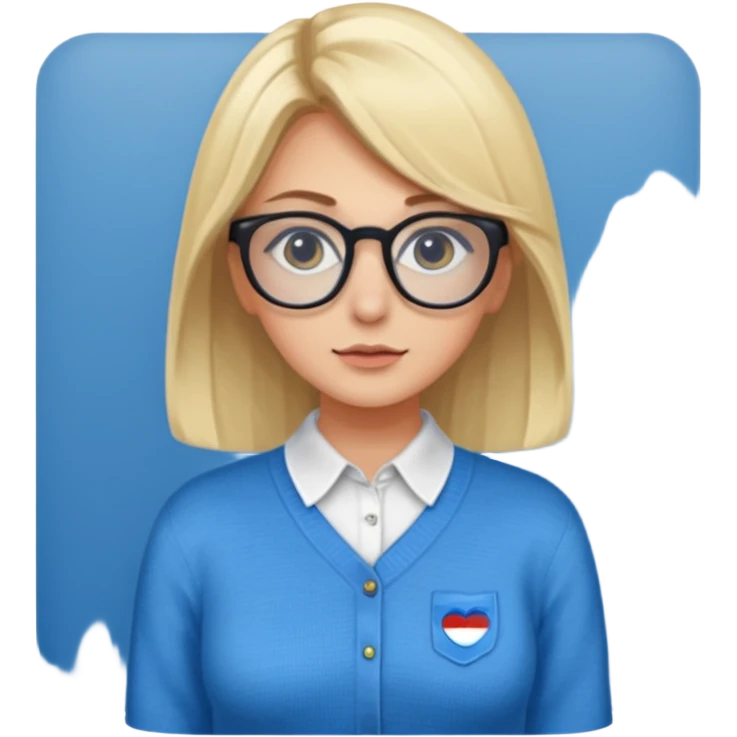 ragazza bionda vestita con camicia e maglione, con occhiali, occhi azzurri che è seduta al pc  emoji
