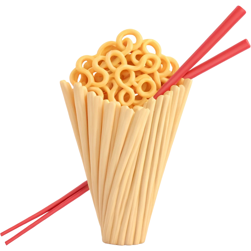 a pair of chopsticks holding a curly snack, snack is wavy and textured, energetic and lighthearted emoji
