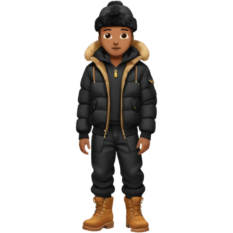 Handsome Black grown man with brown skin tone, wear black joggers, a black bubble coat with a fur brim on the hood, and buckwheat timberland boots emoji