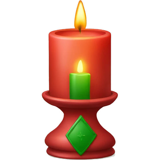 Lit candle in red holder with green details, warm and cozy emoji