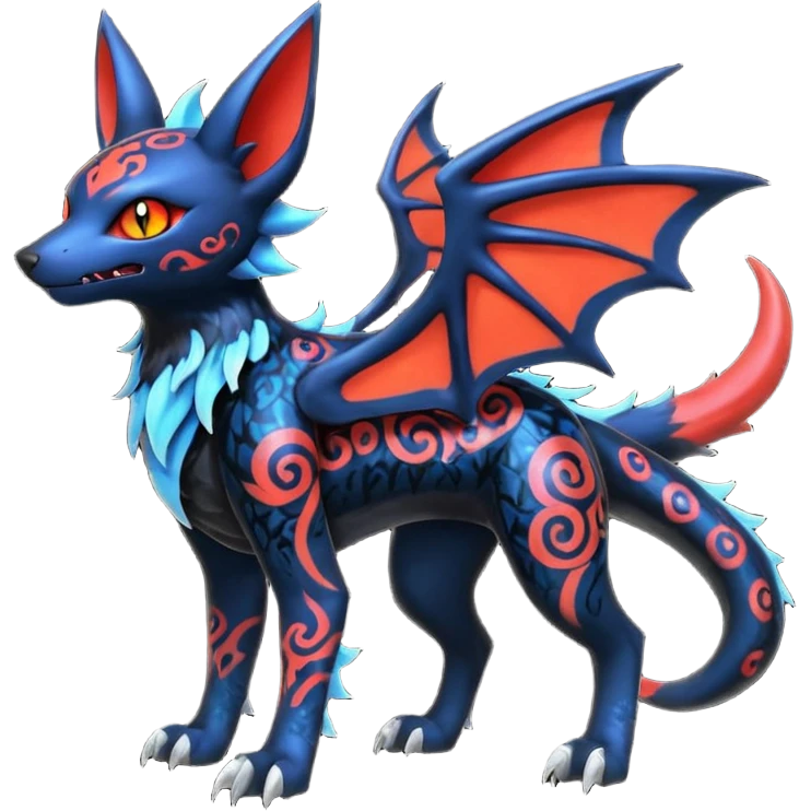 Shiny Fiery Dark Ugly Evil Realistic Glowing Eldritch Horror Cool Edgy Badass Emo Demonic Batty Dusky Punky Aural Bioluminescent Sexy Handsome Canine-Litten-Amaura-Salandit-Noibat-Flareon-Fakémon-Digimon-fusion (full body) with intricate pattern markings emoji