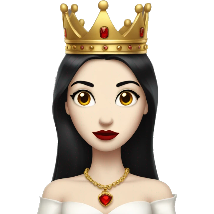 Queen with pale skin, long black hair, bright red lips, skinny gold crown, white dress, and evil stare.  emoji