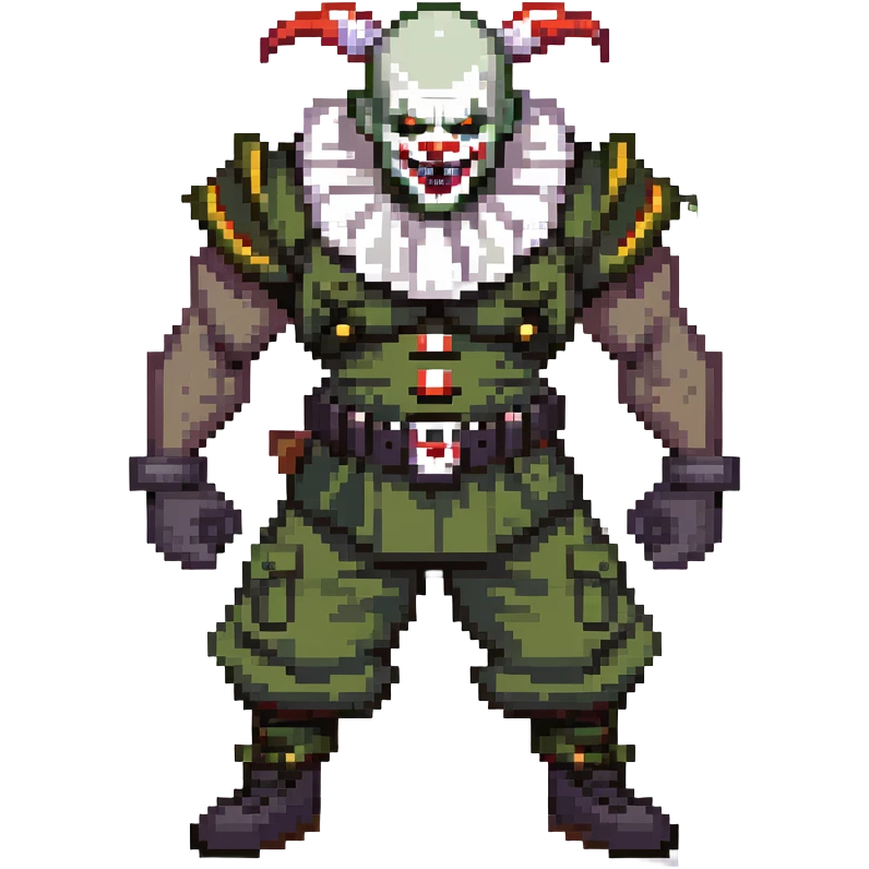 evil clown soldier, bald, short black devil horns on forehead, fangs, pointed ears, black and military green clothes, realistically proportioned, bulky and muscular, full body, fighting stance emoji
