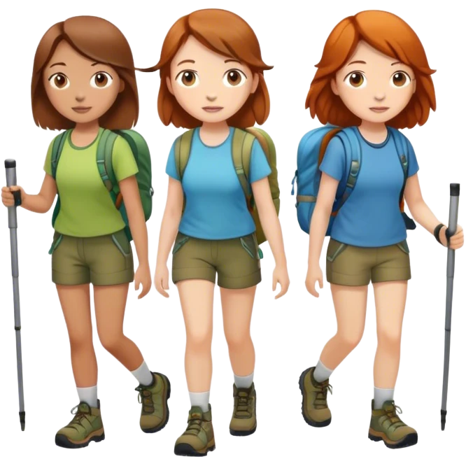 3 girls hiking two with brown hair one with ginger fill body  emoji